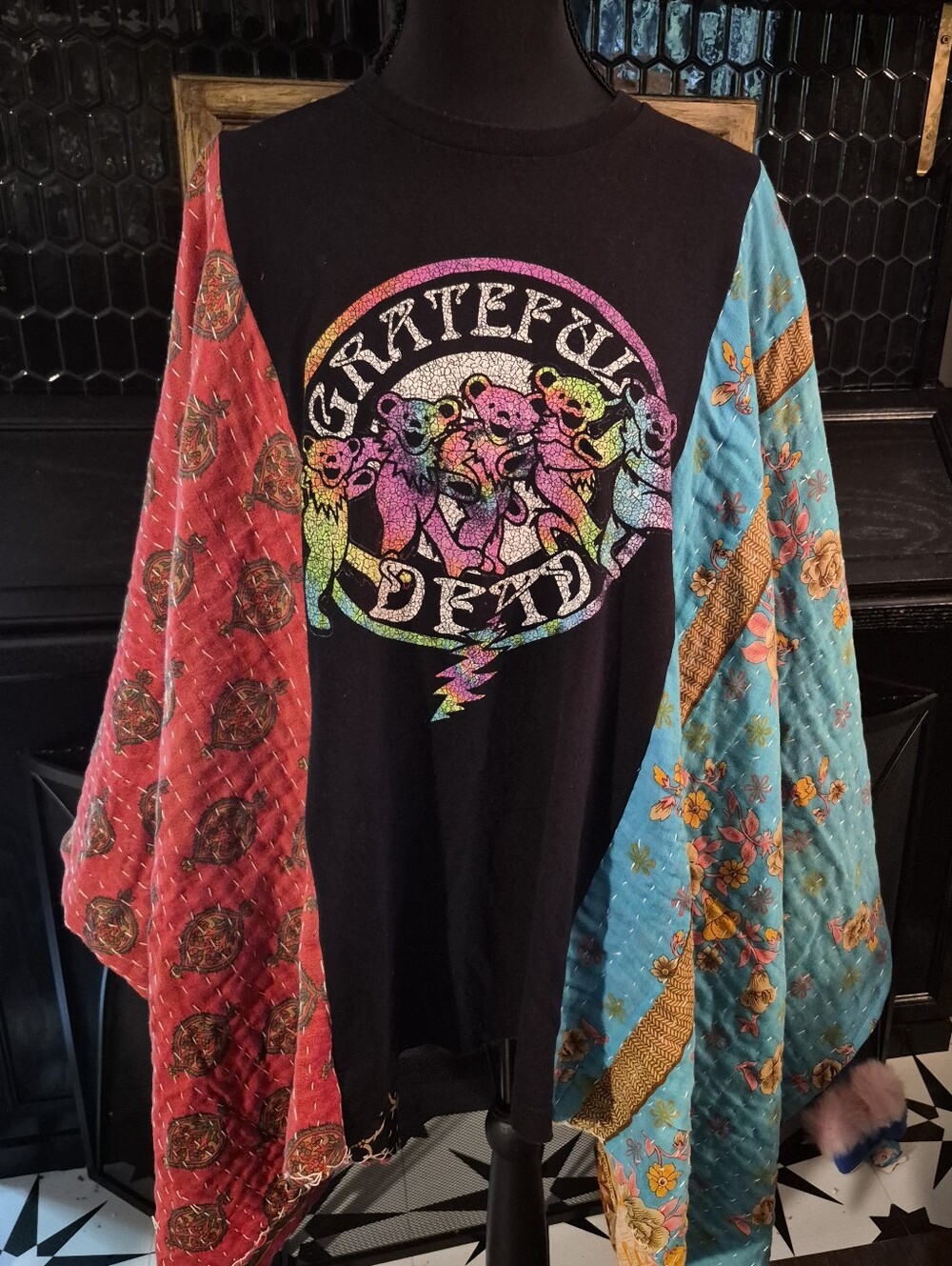 Upcycled Poncho Shawl Greatful Dead With Kantha Sleeves